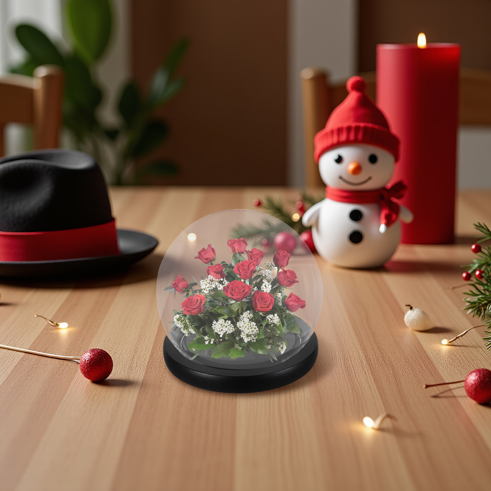 Plastic Dome Clear - 無垢材の台座が付いたガラス製のドーム型花瓶。永遠の花を飾るのに最適。丸い透明なガラス球で、DIYのインテリアや、自宅、オフィス、リビングルームに。
